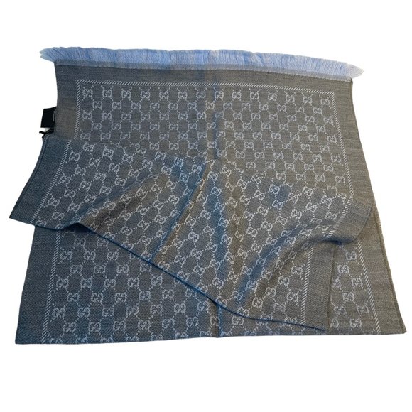 Gucci 411115 Gray and Blue 100% Wool GG Monogram Stencil Scarf - Picture 12 of 15